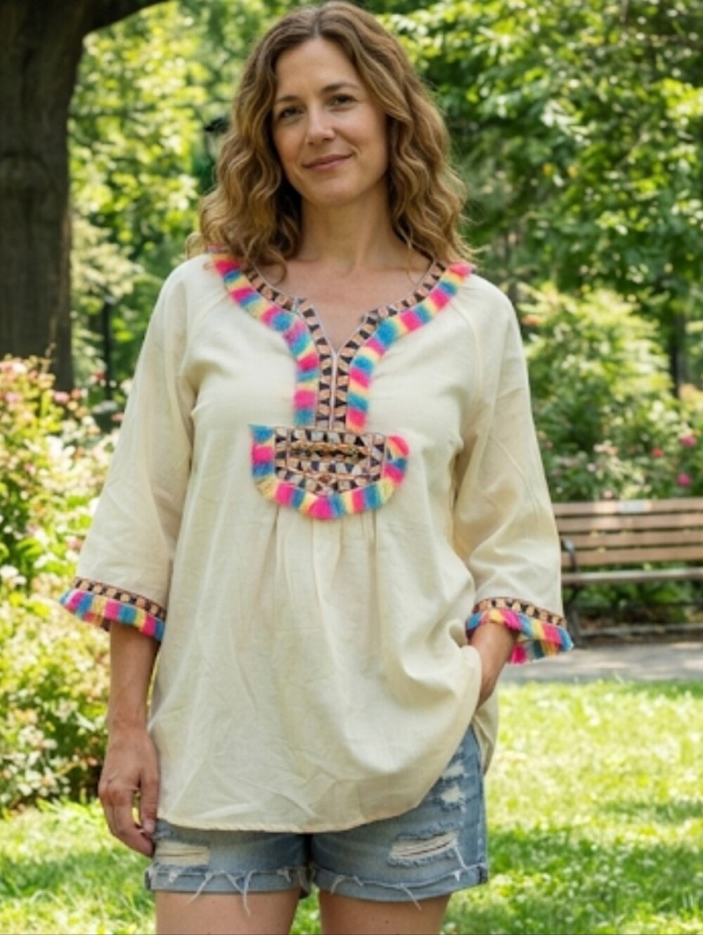 Velzera Boho Cream Embroidered Tassel V-Neck Women's Top NWT MSRP$76